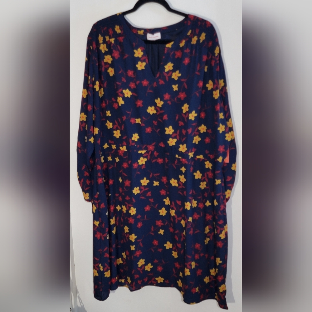 Molly Isadora Navy Floral Long-Sleeve Dress with Yellow & Red Flowers NWT